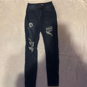 Fashion Nova Dark Blue Distressed Skinny Jeans